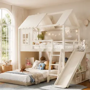 ARCH Twin over Full House Bunk Bed with Slide and Ladder, Playhouse Design Floor Bed Frame with Storage Shelves and Wardrobe, Solid Wood Kids Bedroom Furniture, No Box Spring Needed, Multiple Color Options, Twin Size Options, Antique Natural/Beige/Li, 216