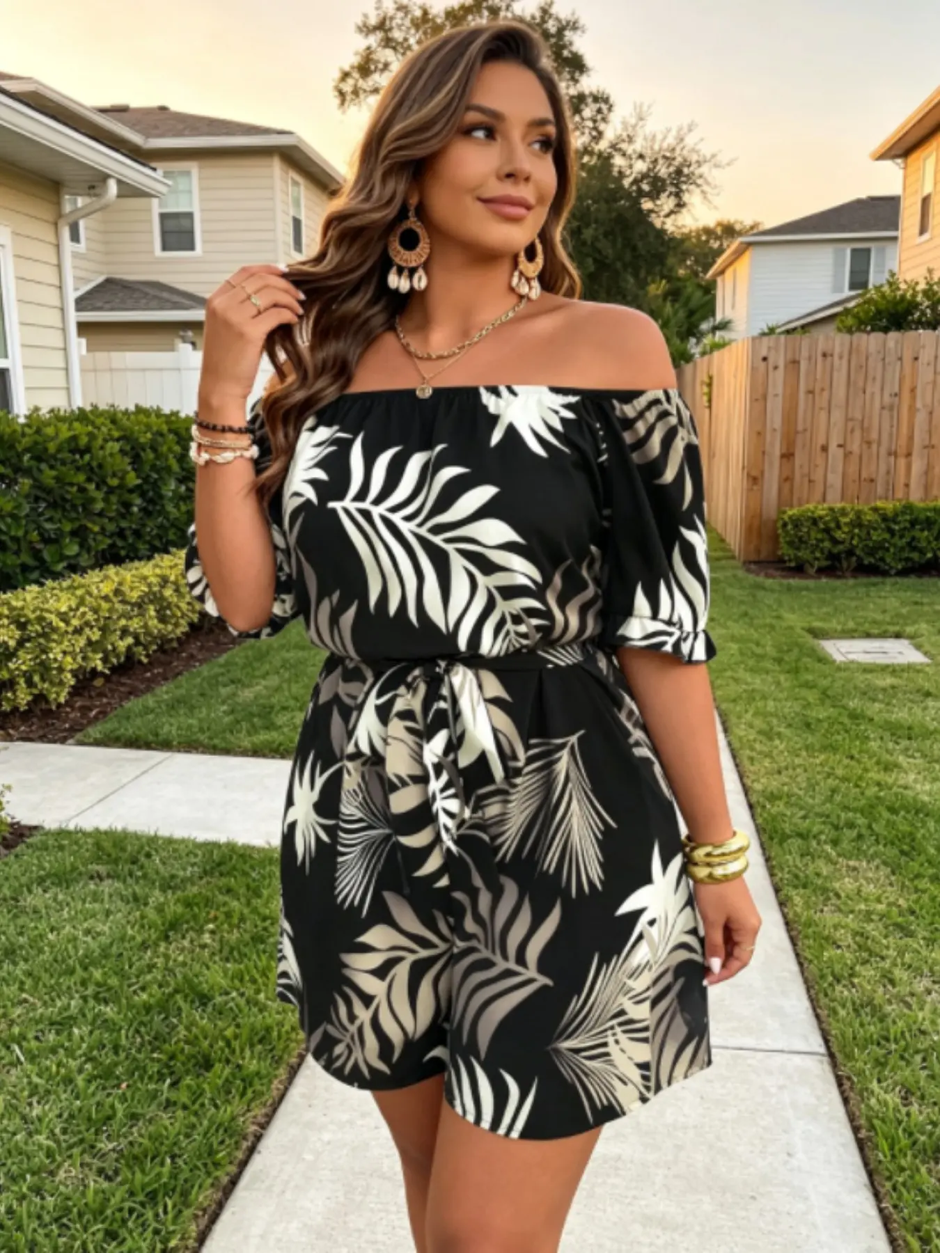 Plus Size One-Shoulder Tropical Leaf All Over Print Romper, Island Vacation Style Chic Bubble Sleeve Waist Tie Loose Shorts, Casual Women's Beachwear