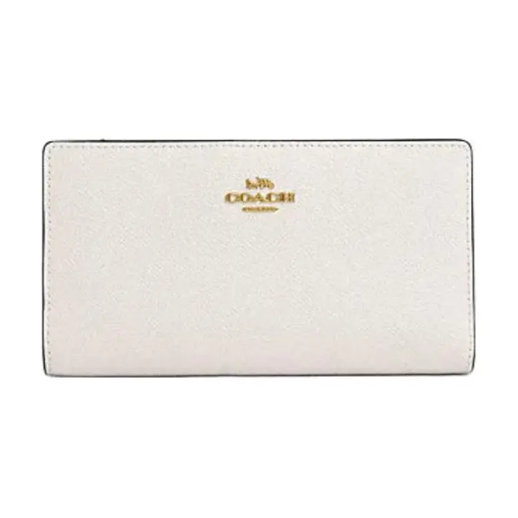 COACH Slim Wallet for Women – Crossgrain Leather with Gold-Tone Logo Snap Closure, Chalk White