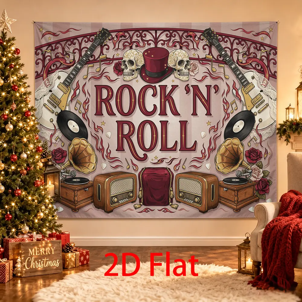 Vintage Rock N Roll Backdrop, Pink Guitar Gramophone Vinyl Record Music Party Background, Retro Photo Booth Decor