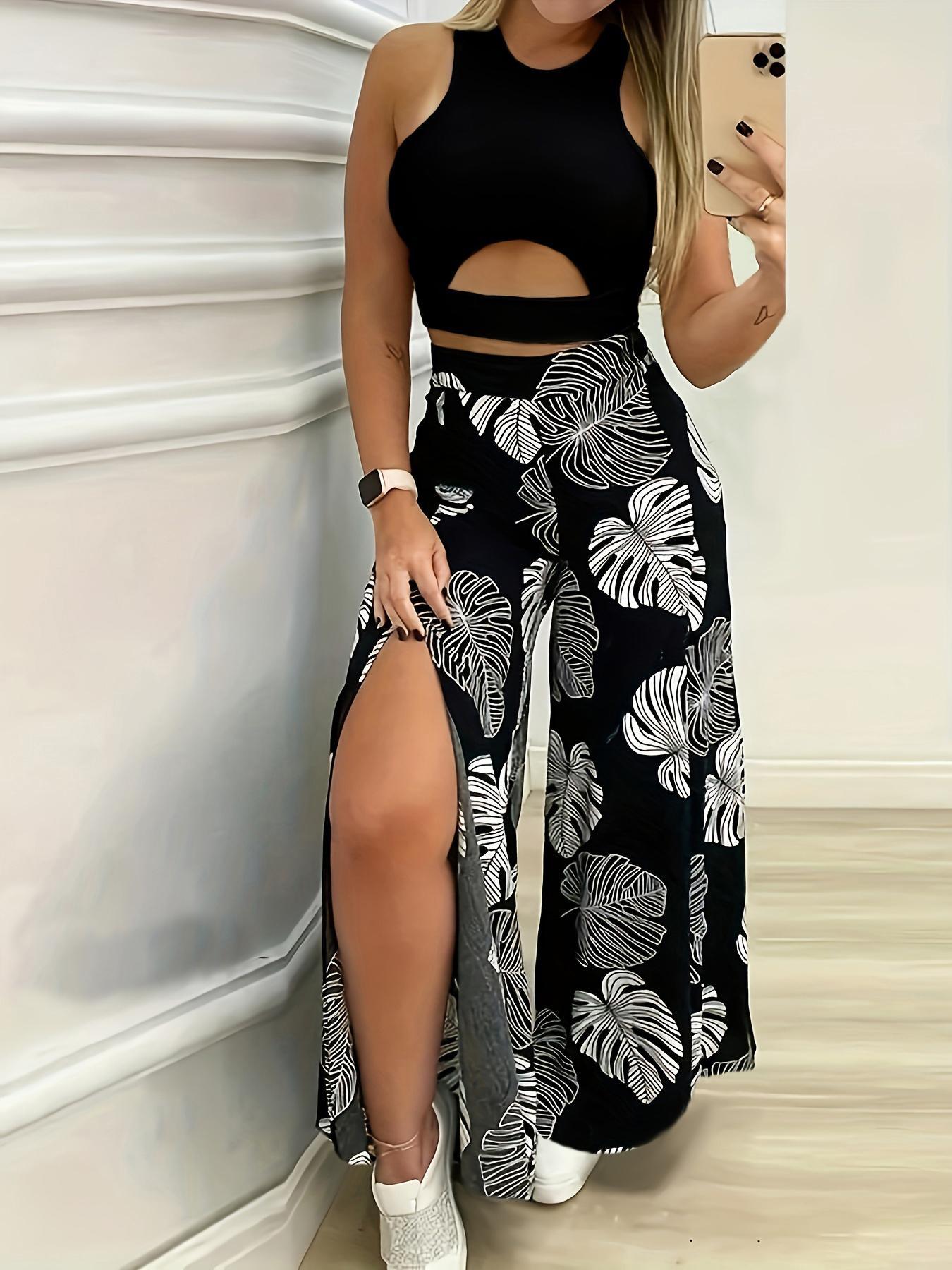 Women's Solid Crop Top & Leaf Print Wide Leg Pants Two-Piece Set, Elegant Fashion Casual Top & High Waist Trousers for Daily Outdoor Wear, Ladies Womenswear Outfits for Summer