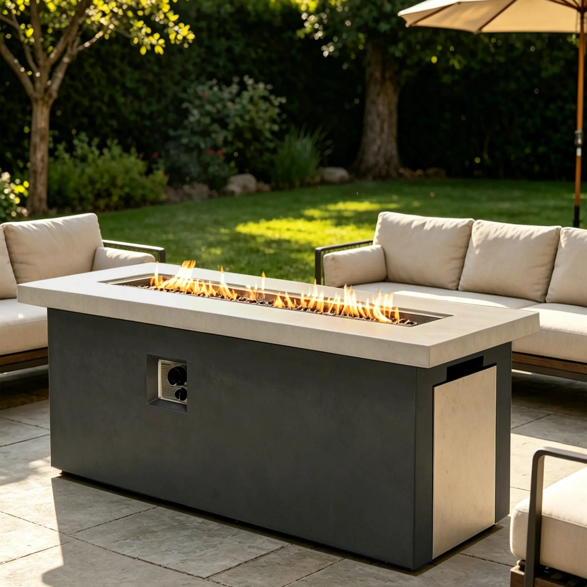 ARCH 60-Inch Rectangular Concrete Propane Gas Fire Pit Table, 60,000 BTU, Dark Grey, Electronic Ignition, Adjustable Flame, Outdoor Firepit for Patio, Garden, Deck, Backyard, Courtyard, with Lava Rock, ETL Certified, 60000 BTU Heating
