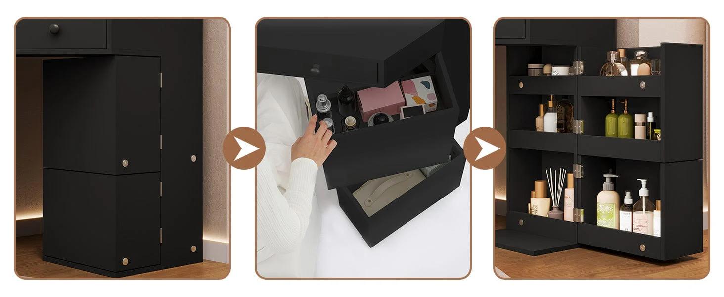 Corner Makeup Vanity Set with Upholstered Storage Stool Black