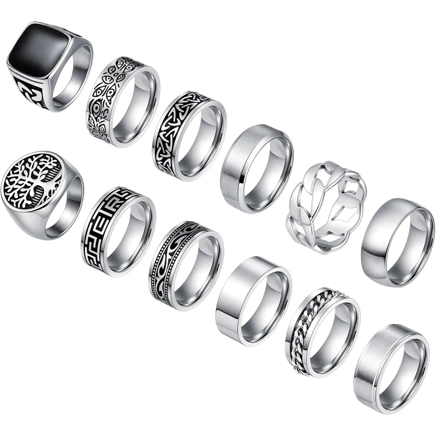 12PCS Stainless Steel Signet Rings – Vintage Chunky Thin Band Rings, Biker Wedding Set for Men Size 7-13