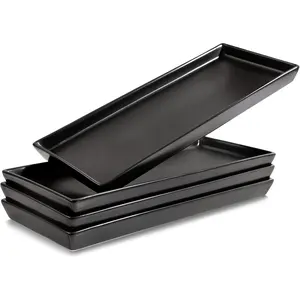 Matte Black Ceramic Serving Platters Set of 4, 14 x 6 Inch Rectangle Plates, Serving Dishes for Entertaining Party, Appetizers Desserts Cheese Charcuterie Sushi Trays