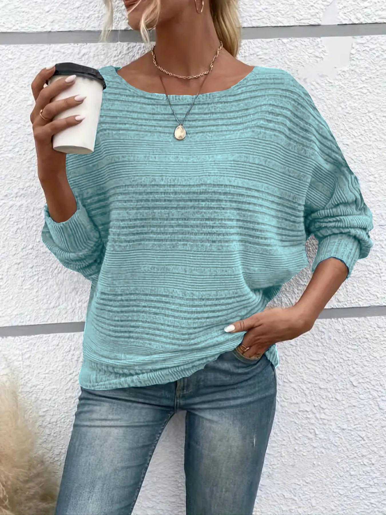 Women's Plain Batwing-Sleeve Tee, Casual Long-Sleeve Crew Neck T-Shirt for Fall & Winter, Fashion Ladies' Clothing for Daily Wear