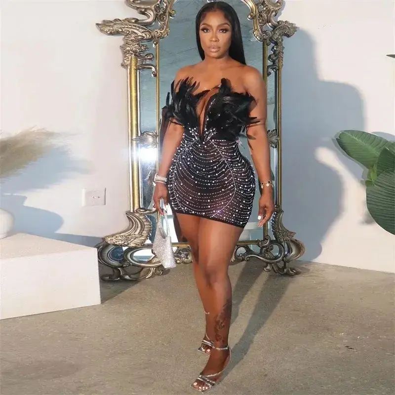 summer autumn clothes 2025 new Sexy Party Night Feathers Birthday Dress for Women Elegant Strapless Sheer Bodycon Dress