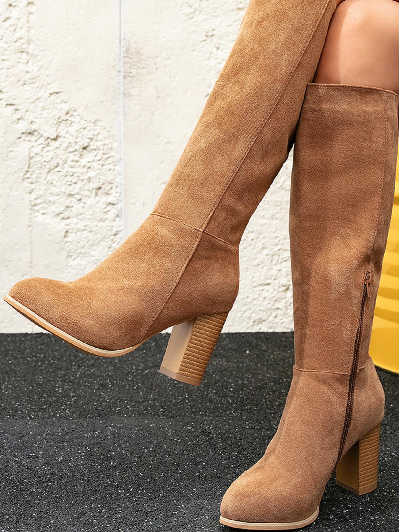 Women's Fashionable Solid Zipper Design Boots, Casual Comfortable Knee High Heels Boots for Daily Wear, Non-slip All Match Pointed Toe Winter Shoes for Party, Club, Brown, Elegant Boots