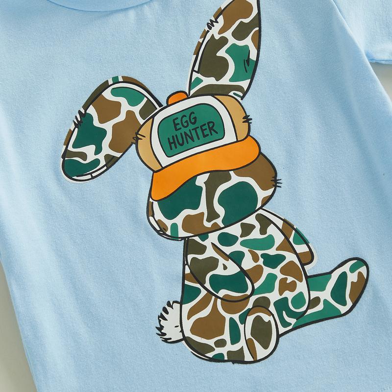 Kids Boys Shorts Set, Short Sleeve Rabbit Print T-shirt with Camouflage Shorts Easter Clothes Summer Outfit