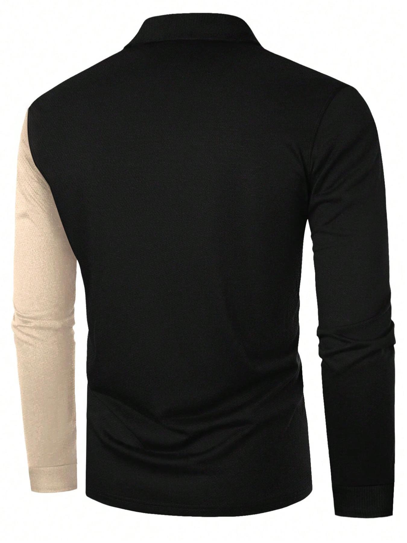 Men's Patchwork Print Half Button Fitted Polo Shirt, Regular Fit Casual Longsleeves Collared Top, Polo Shirts Men, Fall Outfits, Fall Going Out Tops, Men's Clothing, Polo Tees, Fashion Men's Clothes for Daily Wear, Menswear, Golf Colorblock Polo Shirt