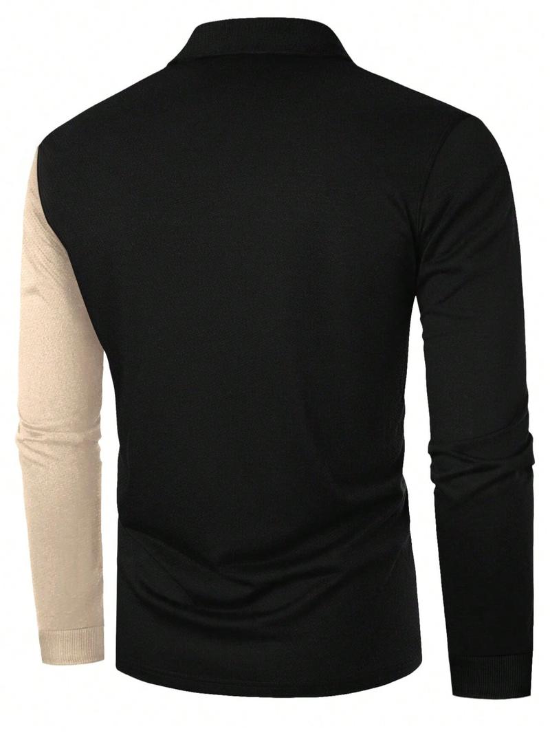 Men's Patchwork Print Half Button Fitted Polo Shirt, Regular Fit Casual Longsleeves Collared Top, Polo Shirts Men, Fall Outfits, Fall Going Out Tops, Men's Clothing, Polo Tees, Fashion Men's Clothes for Daily Wear, Menswear, Golf Colorblock Polo Shirt
