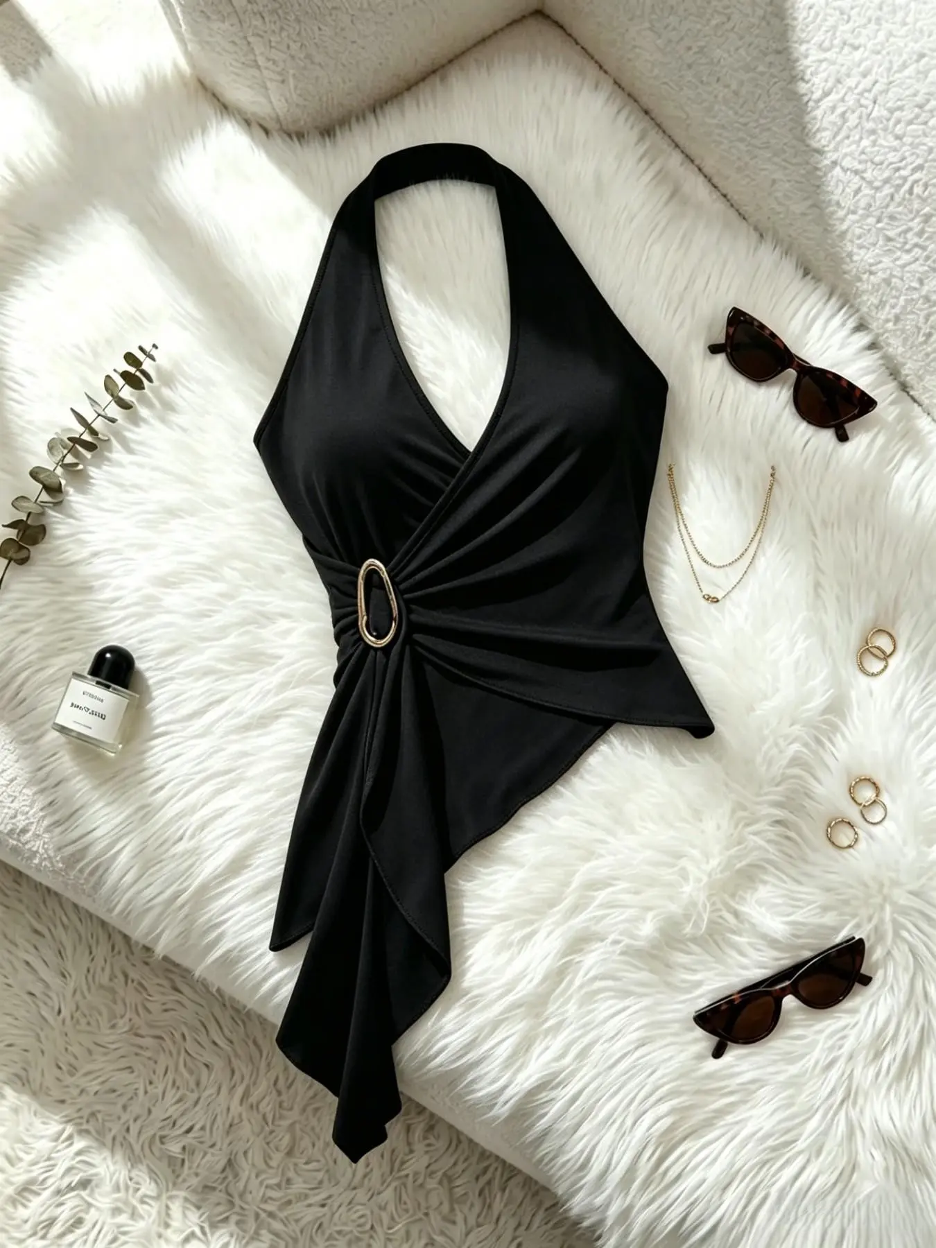 Korean Style Summer Elegant Sleeveless Cami Draped Halter Deep V Cross Neck Waist Metal Ring Buckle Tie Backless Top, Asymmetrical Ruffle Design, Versatile Single Piece Chic