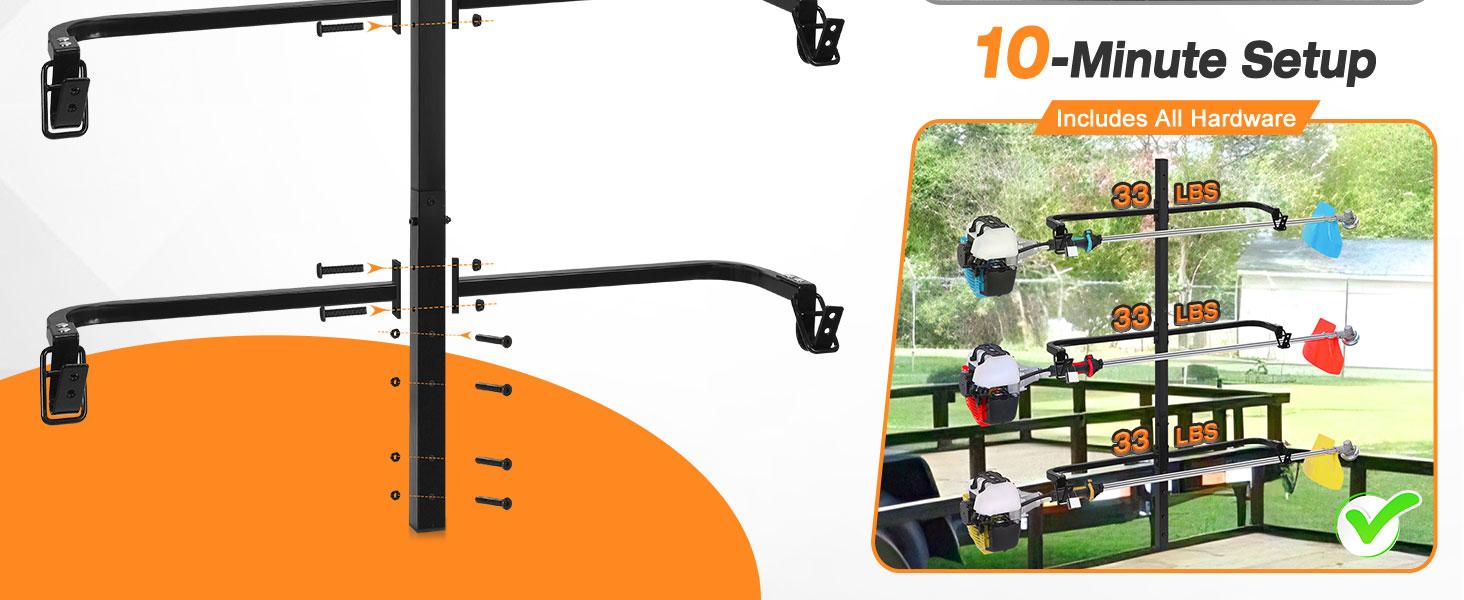 3 Place Weed Eater Rack, On Landscape Truck Trailer Trimmer Rack Holder, Open and Trailers Tool with Locks, Wall Mounted Lawn Equipment Accessories, Carbon Black
