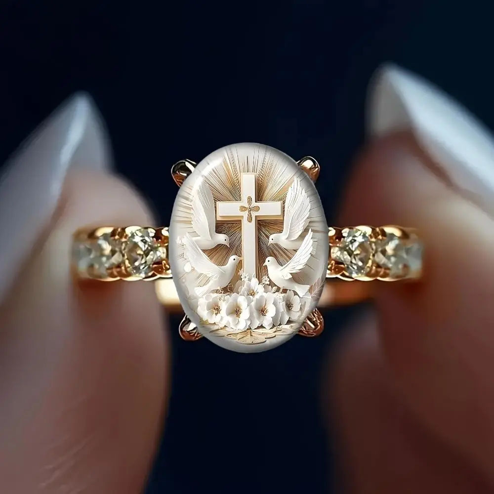 Women's Rose Gold Alloy Cross Dove Oval Cameo Ring - Christian Faith Flower Relief, Side Shiny Cubic Zirconia, Nickel-Free Hypoallergenic Religious Jewelry, Vintage Peace Symbol, Size 6-10, Baptism Anniversary Gift