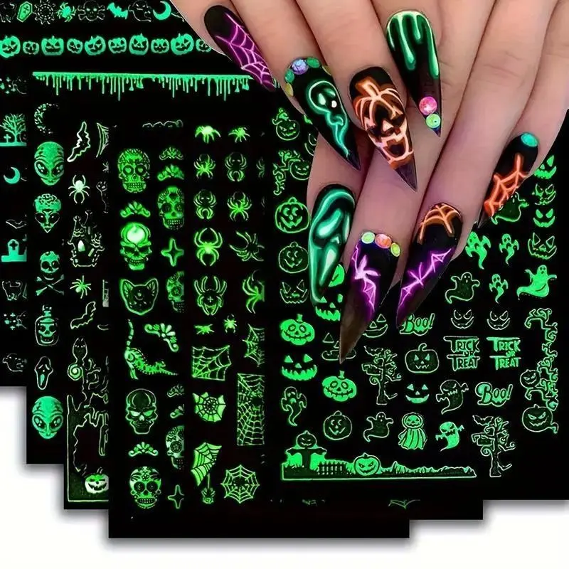 6-Piece Glow-In-The-Dark Nail Art Stickers, Self-Adhesive Reusable Halloween Designs, Skull Ghost Pumpkin Spider Patterns, Festive Manicure Decorations