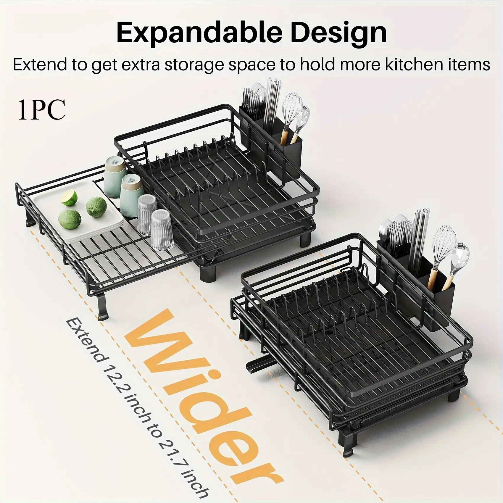 1PC Expandable Dish Drying Rack – Large Sink Drainer; Suitable for Kitchen Countertops; Features a Draining Tray for Dishes and Coffee Machines.
