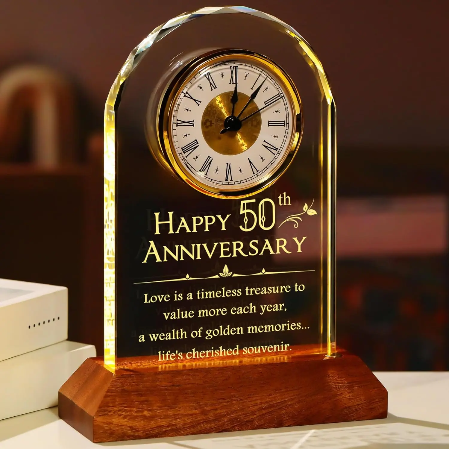 Glass Analog Clock with Wooden LED Light Base, Decorative 50th Anniversary Gift for Parents or Couples, Engraved Keepsake in Gift Box, Led Lights, Table Decor, 50 Years, Silent, Parents/Couples, Laser Engraved, 1 X Gift Box, 1 X Usb Power Cable