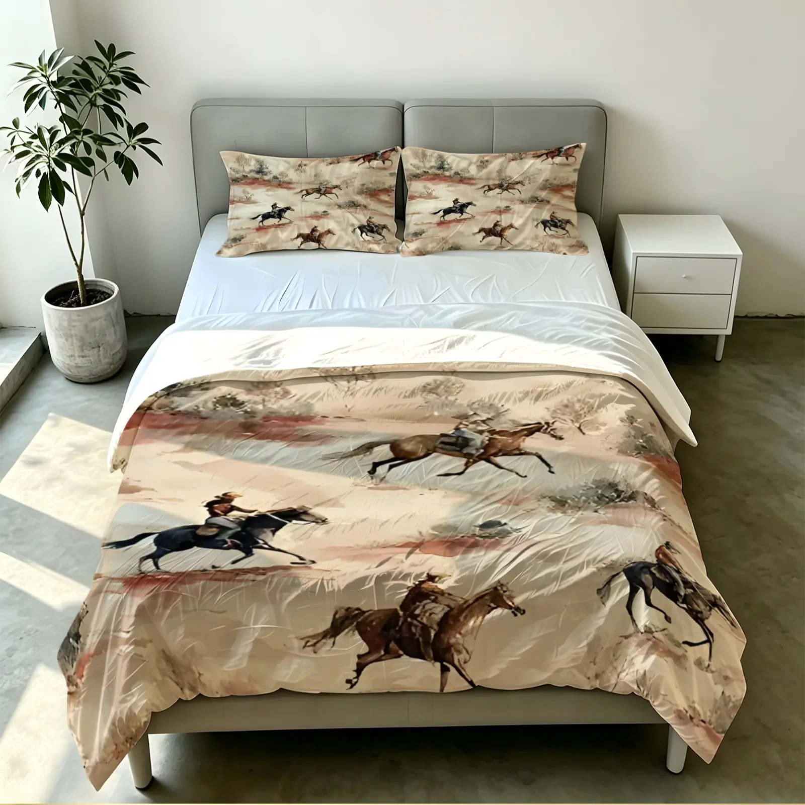 2/3pcs Western Cowboy Watercolor Digital Print Duvet Cover Set, No Filler Comforter Cover Bedding Set with Pillowcases, Vintage Country Horse Pattern Soft Bed Decor for Bedroom, Farmhouse Style Bedding Gift for Western Lovers