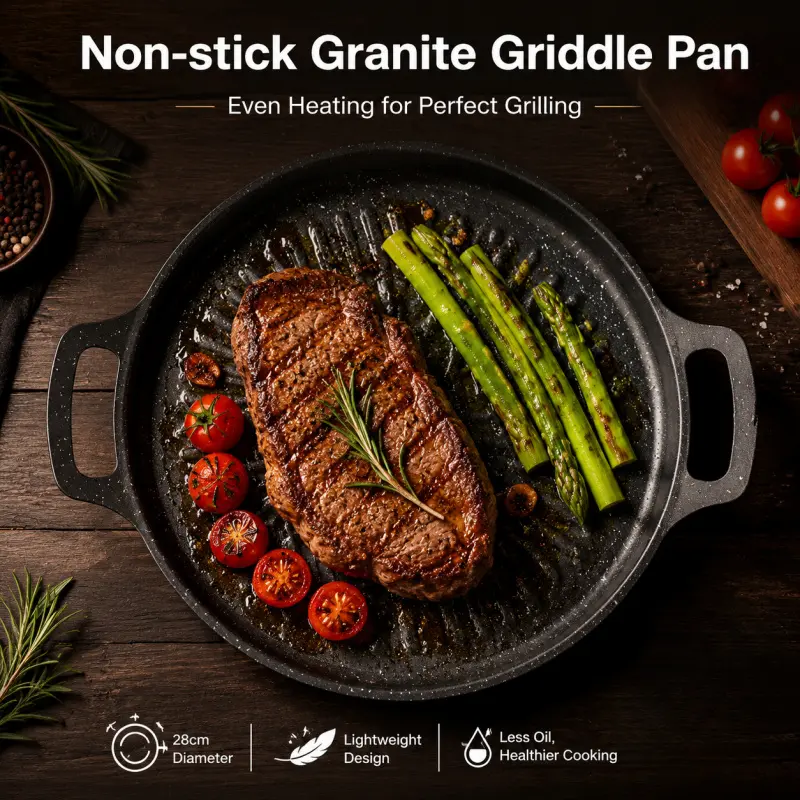 28 Cm Granite Non-Stick Baking Pan, Textured Surface, Ideal for Grilling Steak and Vegetables, Even Heating, Healthier Cooking