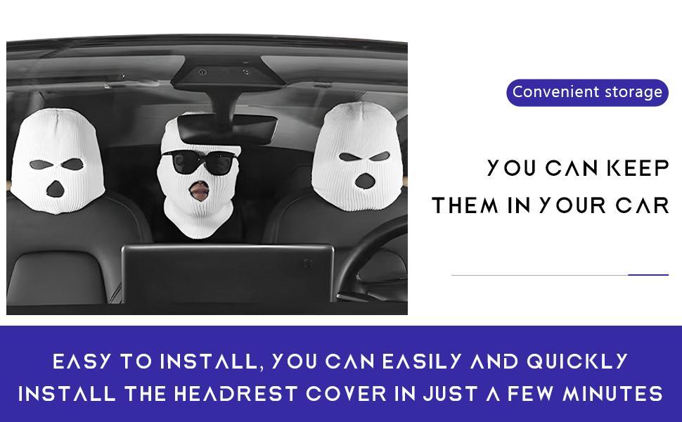 2 PCS Car Headrest Cover, Personalized Funny Car Seat Full Face Mask, Ski Mask Wrap Protection for Auto Front Seat Rest Decoration, Universal Interior Car Accessories (White)