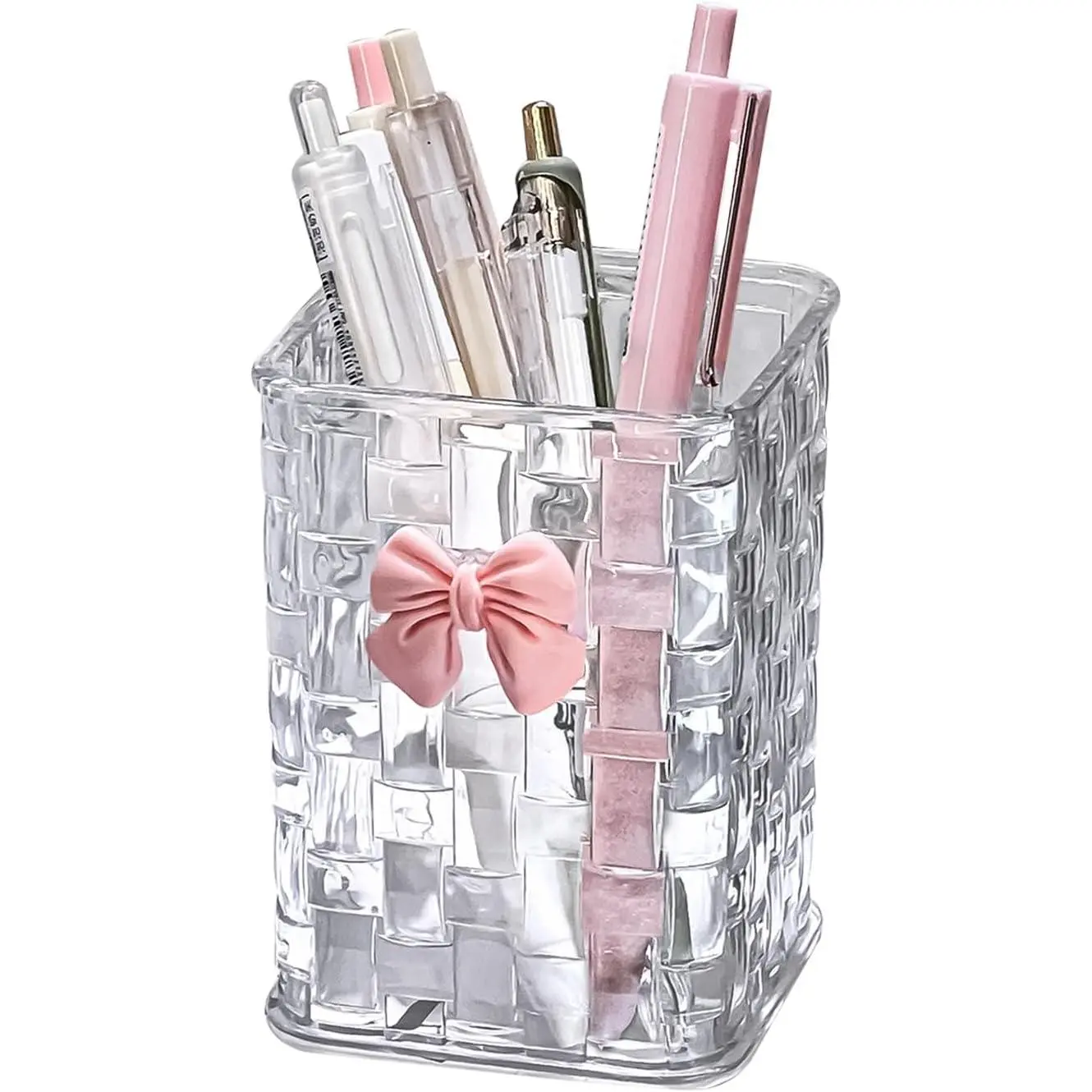 Pen Holder for Desk, Clear Pencil Organizer Makeup Brush Cup Holders with Bow  To School Accessories for Teachers Appreaction Present (Transparent)