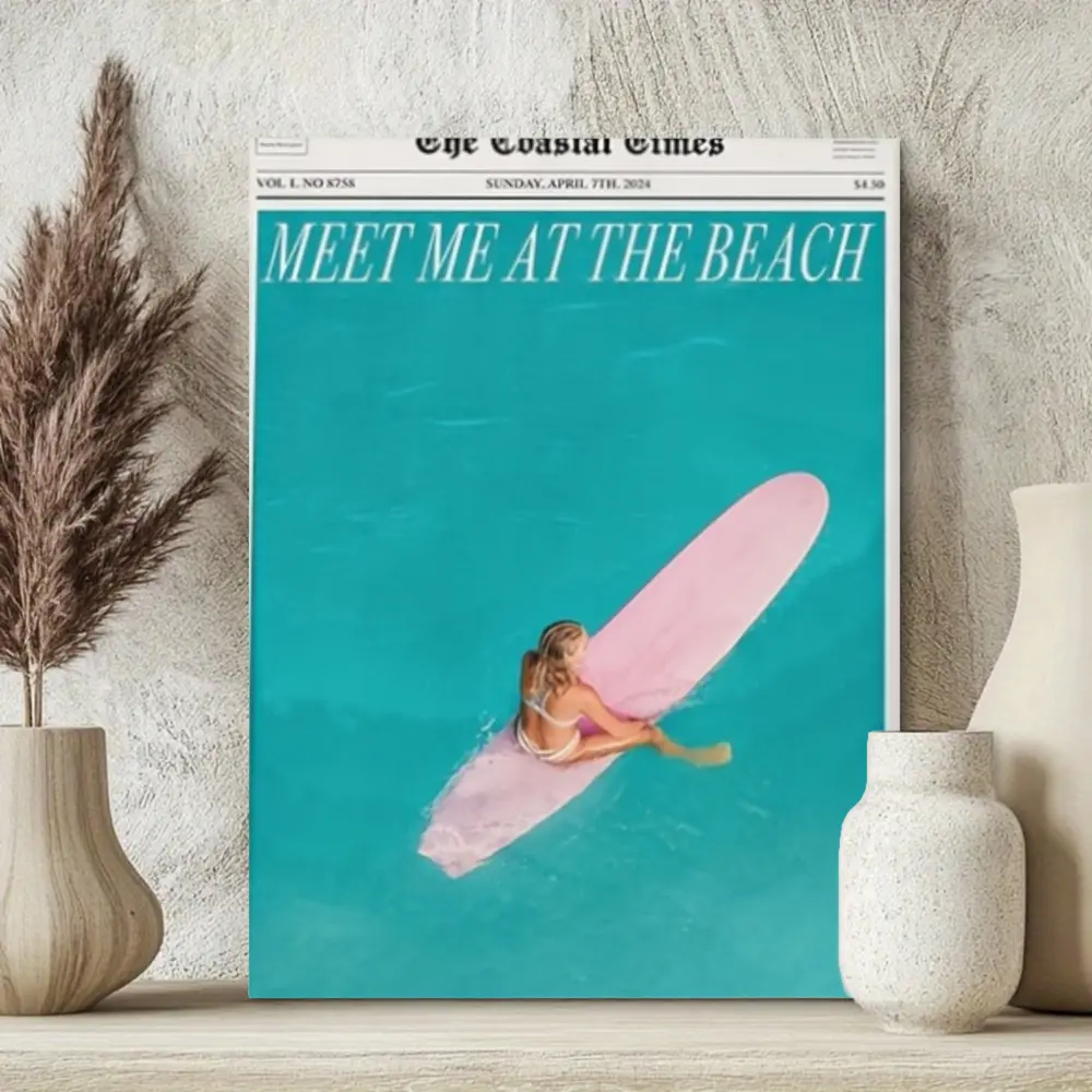 Coastal Aesthetic, Canvas Wall Art, Meet Me At The Beach Surf Girl Print, High Definition Digital Printing, Modern Living Room Bedroom Decor, 1 Piece Unframed Poster