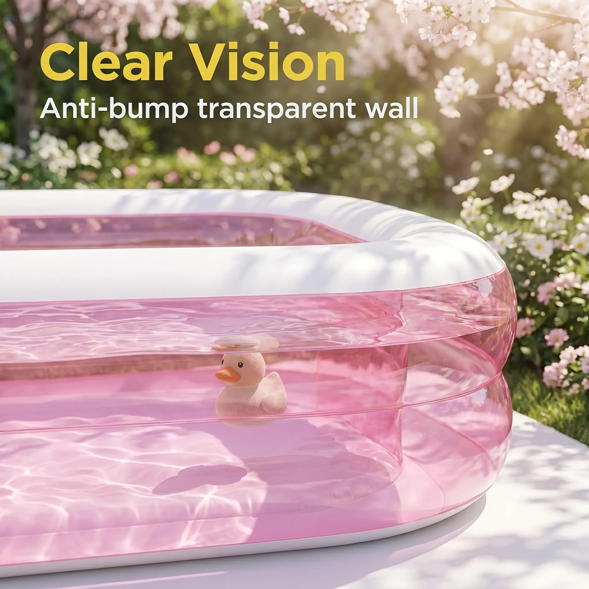 Inflatable Swimming Pool, Large Spacious Rectangular, 2-Layer Thickened Durable PVC, Quick Inflation, for Adults, Foldable Portable, Cute Transparent Pink Design, for Backyard Patio Deck Summer Parties Water Fun