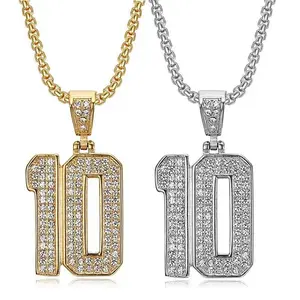 Hip Hop Bling Iced Out Solid Titanium Stainless Steel Number 10 Pendants Necklace for Men Rapper Jewelry Gold Silver Color