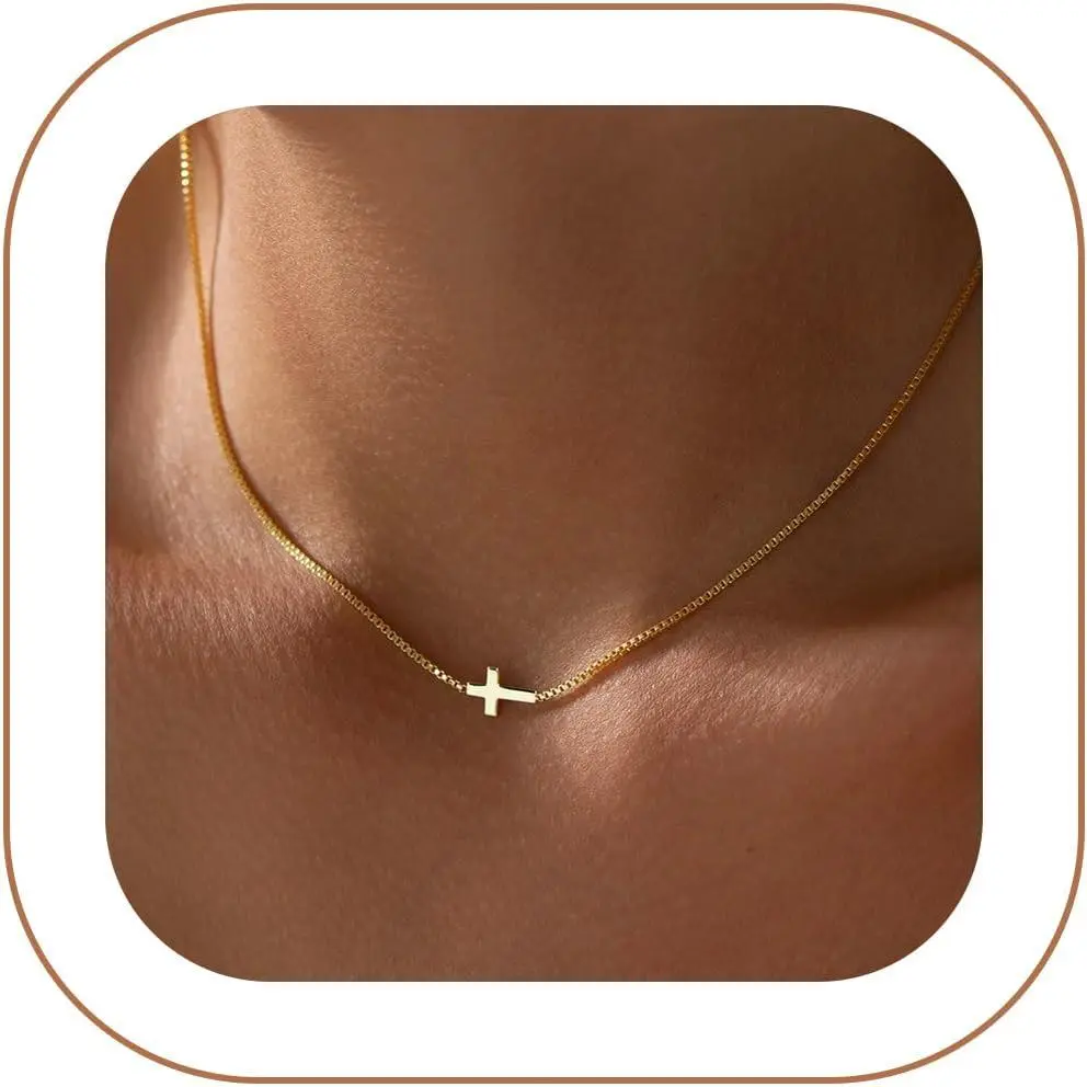 Rotnso Cross Necklace for Women 14K Gold Silver Plated Dainty Small Cross Pendant Choker Simple Trendy Cute Cross Charm Chain Necklace Easter Basket Stuffers Baptism Religious Faith Jewelry Gift