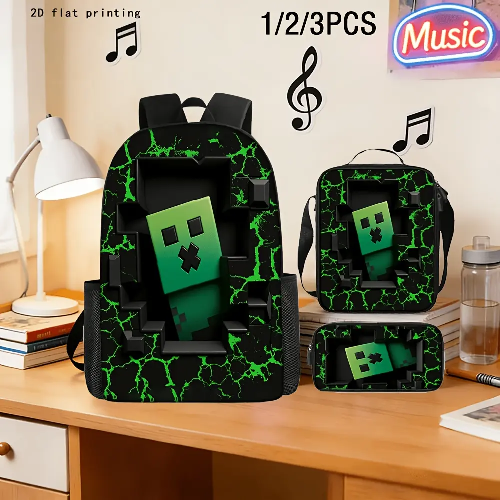 1/3pcs Trendy Block Character Backpacks 2D Flat Printing Large Capacity Easy Multifunctional Shoulder Bag Daily School Outdoor Travel Performance Birthday Perfect Gift # backto school # Backpack set # school gifts, 17in Bookpack