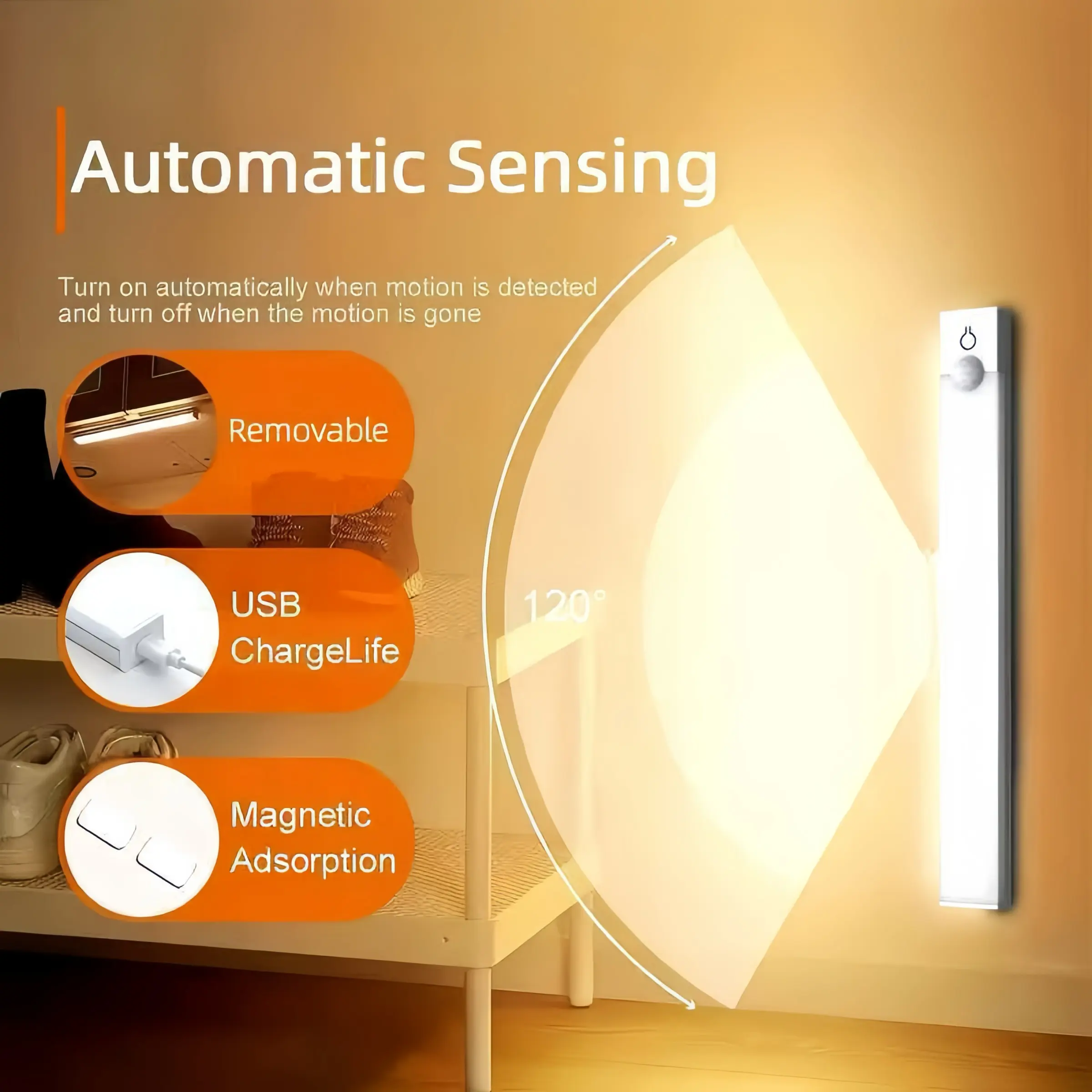 USB Rechargeable Wireless Cabinet Light, LED Magnetic Sensor Lamp, Shelf Light for Closet, Room, Kitchen Table