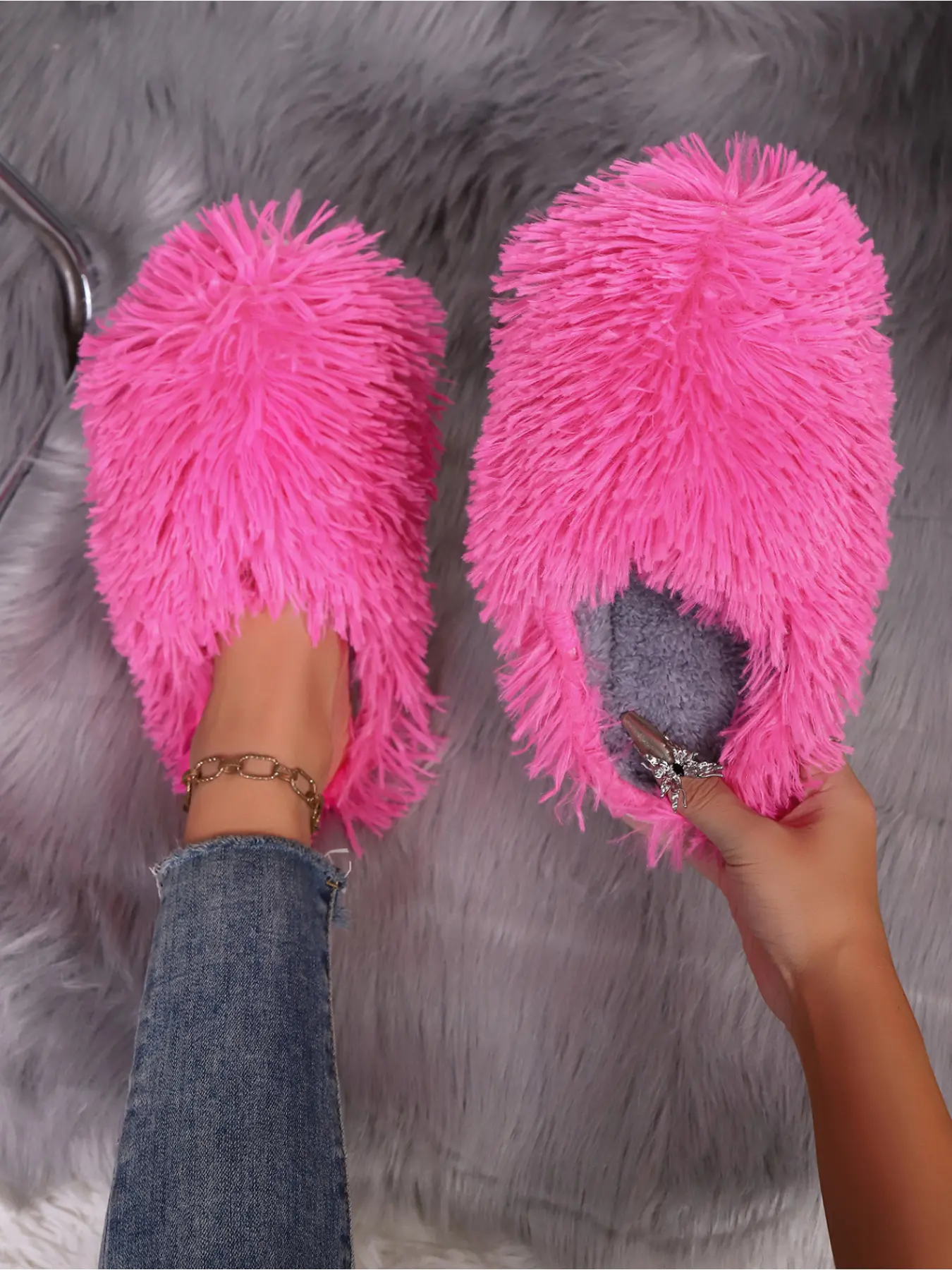 Long Fluffy Mule Slippers, Plush Long Fur Fabric, Slip-On Design, Warm Home Shoes, Reversible Fuzzy Slippers, Cozy Indoor Footwear, Indoor Bedroom Footwear