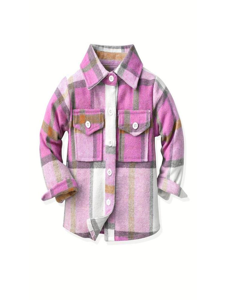 Kids' Preppy Plaid Long Sleeve Shirt, Cotton Blend,-Stretch Woven Fabric, Loose Fit with Lapel Collar, Button Placket, Regular Sleeve, Fall/Winter Warm for Boys Girls