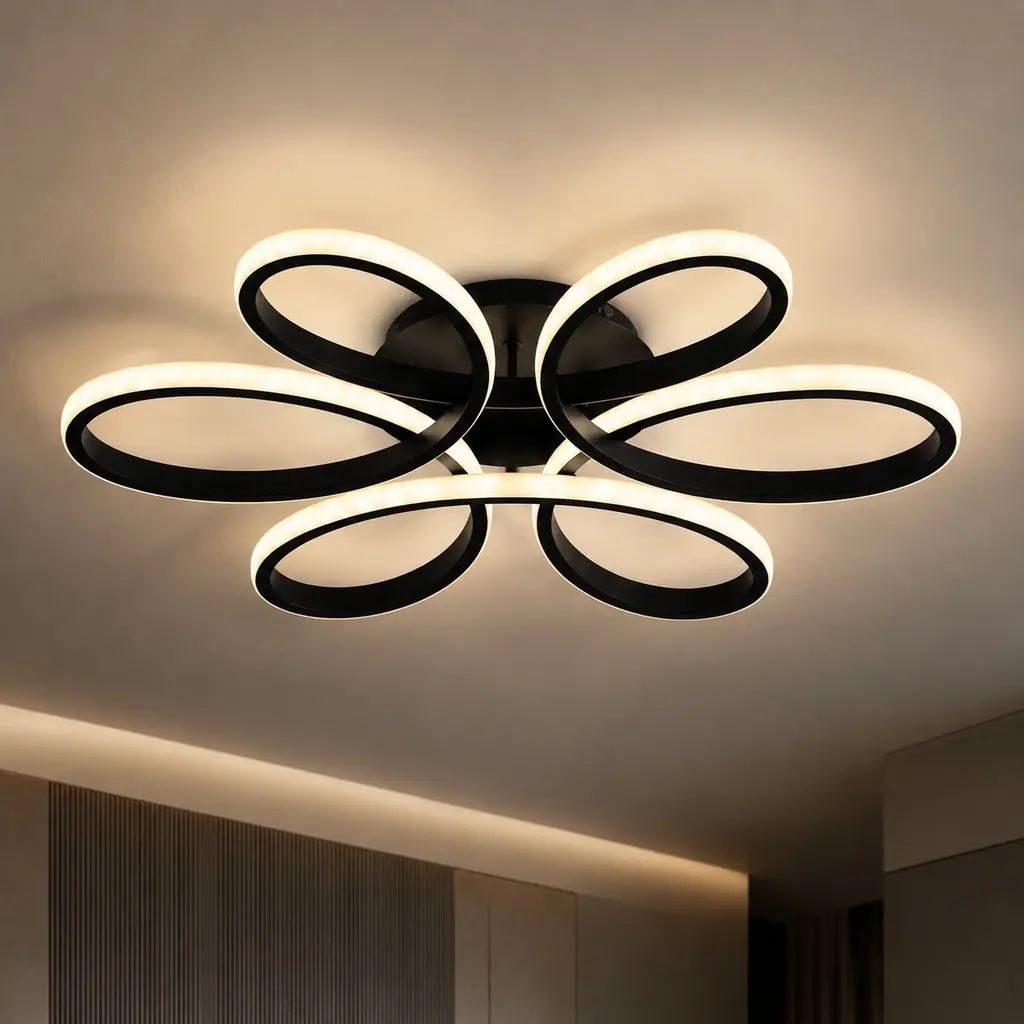 ARCH 23-Inch 42W LED Flush Mount Ceiling Light Fixture - 6-Ring Flower Design, Dimmable with Remote Control, Black Metal, Minimalist Lighting for Bedroom, 22.83w x 22.83d x 3.93h Inches, 3.01lb