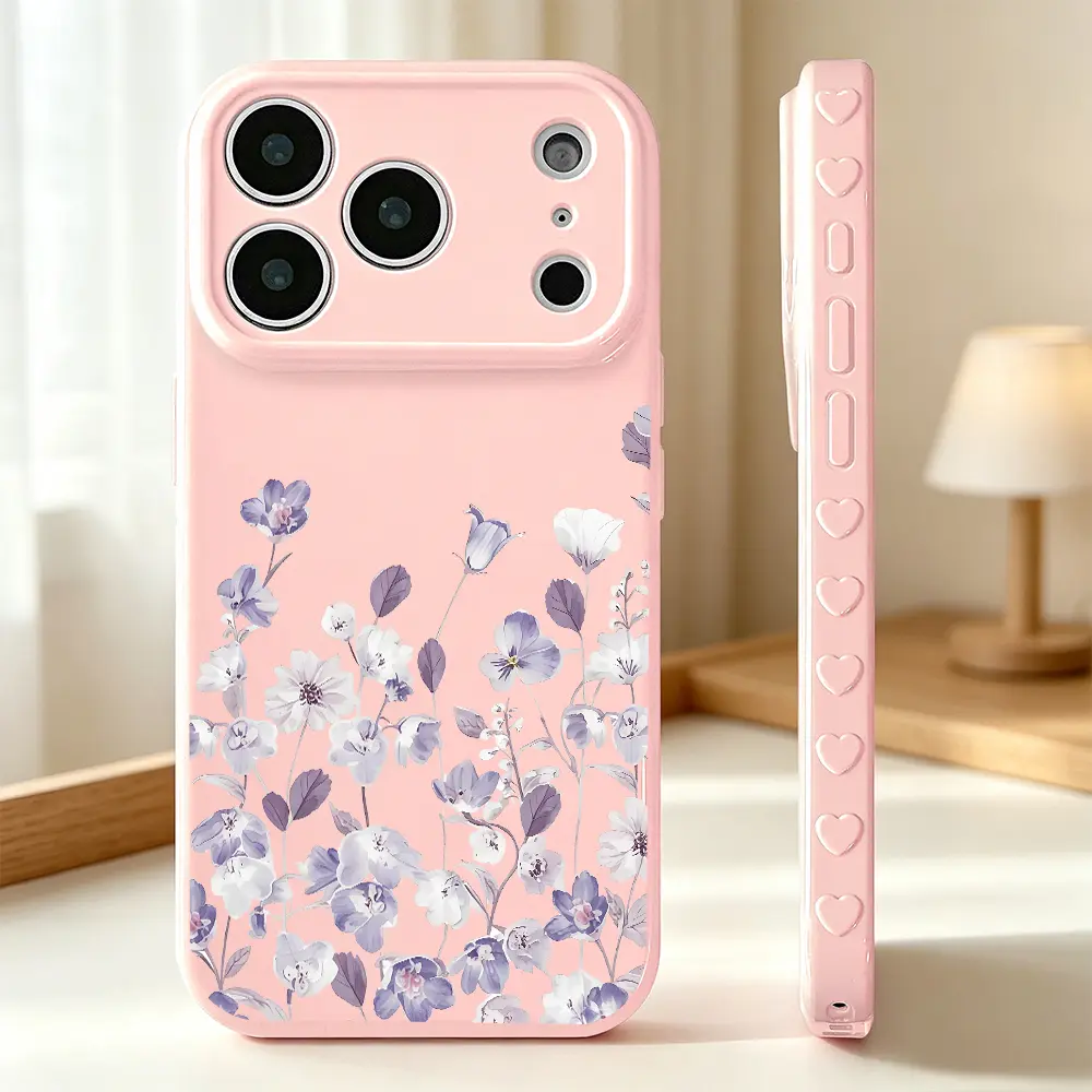 Lavender Wildflower TPU Phone Case - Exquisite Embossed Heart & Pastel Bloom Patterns, Vintage Botanical Garden Art Design, Soft Purple Blossom, Fits iOS iPhone Series 17 Pro Max,17 Air,17 Pro,16,15,14,13,12,11 Pro Max, Multi-Model Elegant Botanical Gift,