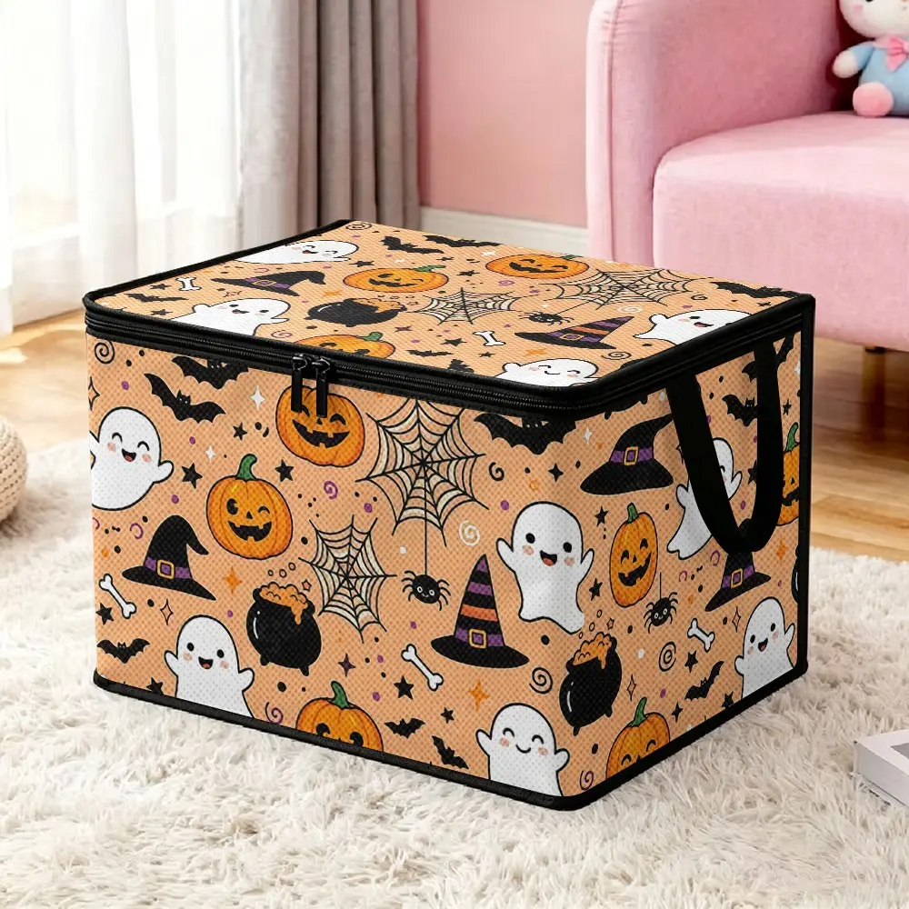 Non-woven Fabric Storage Bin with Halloween-themed Cute Pumpkin & Ghost Prints, Double Zipper, Portable Handle & Foldable Design; Fabric Storage Box for Party Decorations, Snacks to Boost Festive Vibe, Storage for Bedroom Wardrobes, Halloween Ornaments an