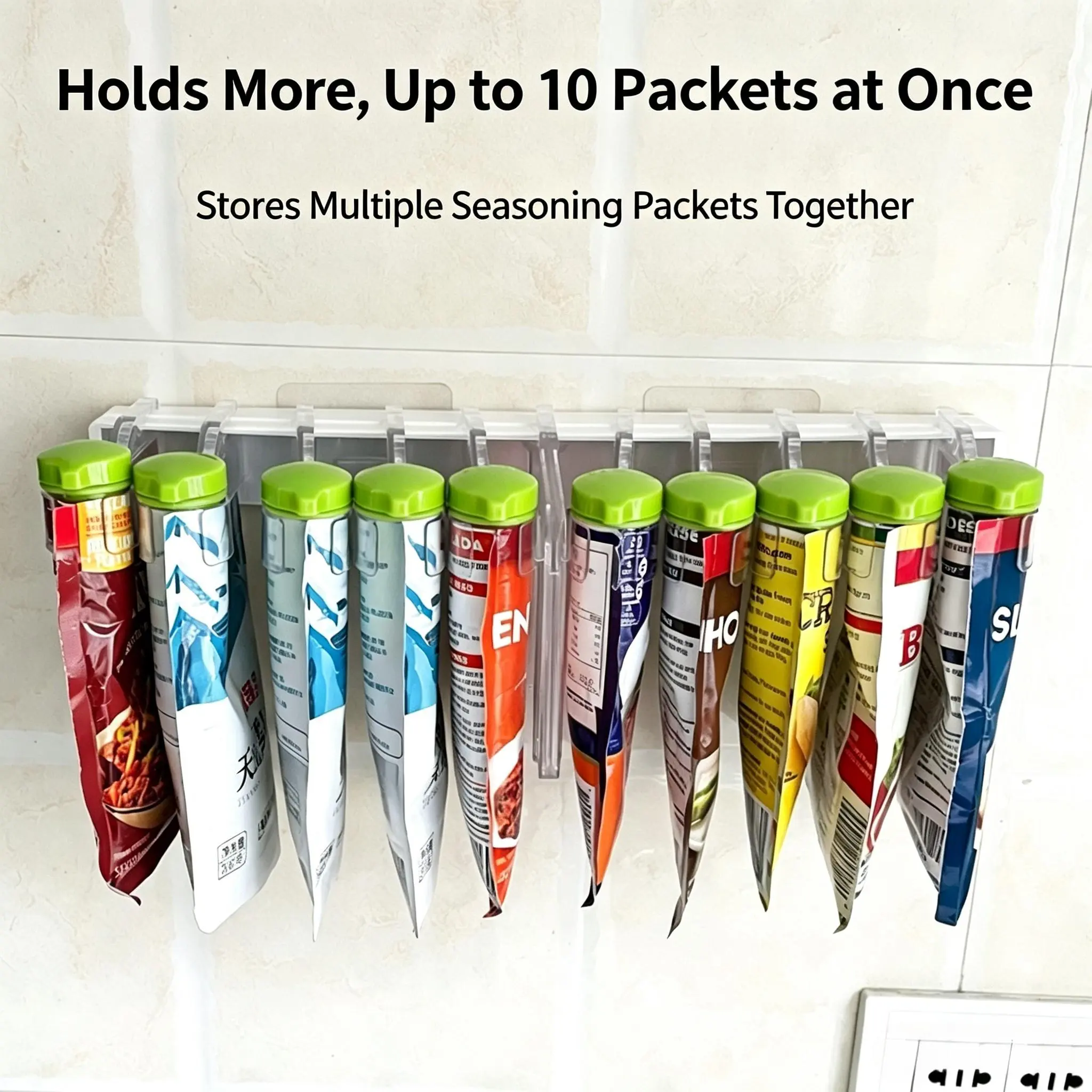 Wall Mounted Spice Bag Organizer with 10 Pour Spouts, No Drill Seasoning Packet Dispenser Holder, Reusable Food Bag Sealing Clips for Kitchen Pantry Cabinet Storage