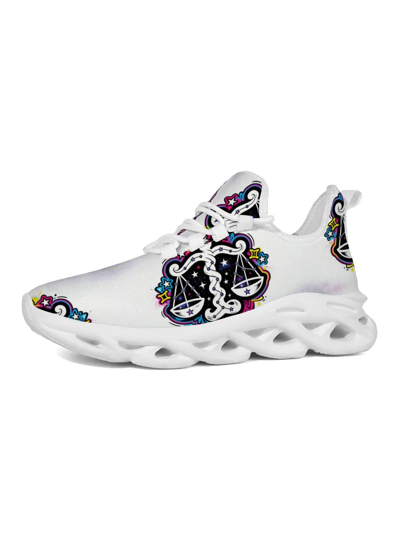 Libra Zodiac Trendy Sneakers, Streetwear Art Style, Vibrant Constellation Print, Hollow Out Thick Sole, Fashionable and Versatile, Ideal for Zodiac Enthusiasts