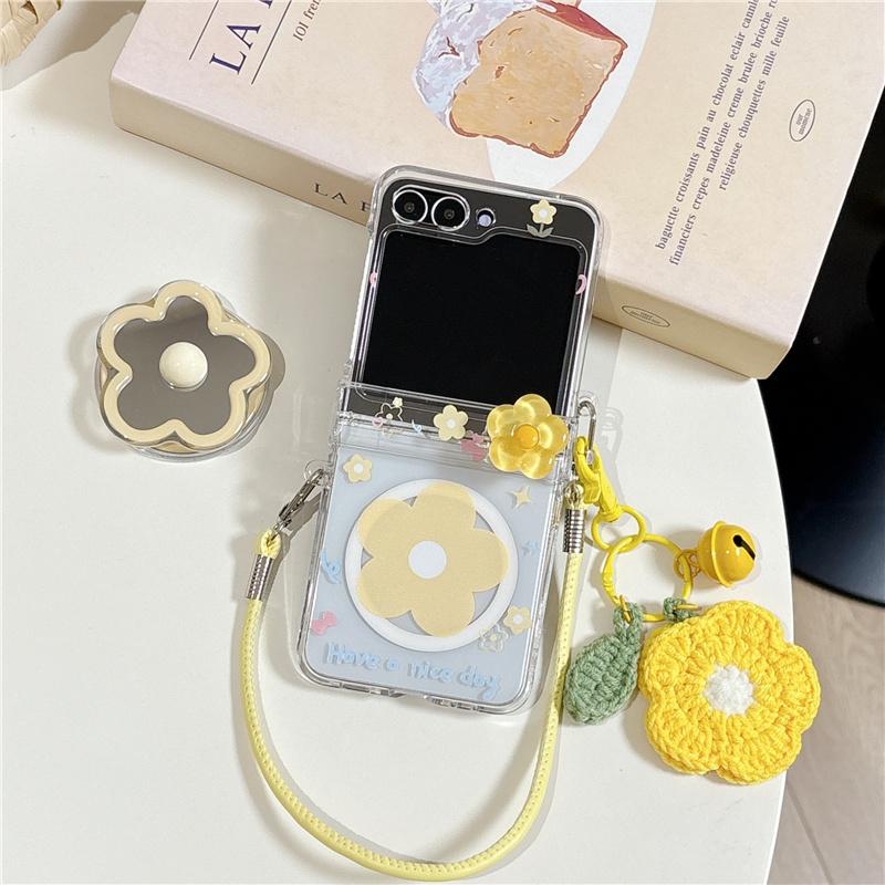 Cute Small Flower Magnetic Phone Case For Samsung Galaxy Z Flip 7 6 5 Flip6 Flip7 Cover with Magsafe Stand Lanyard Cases Funda