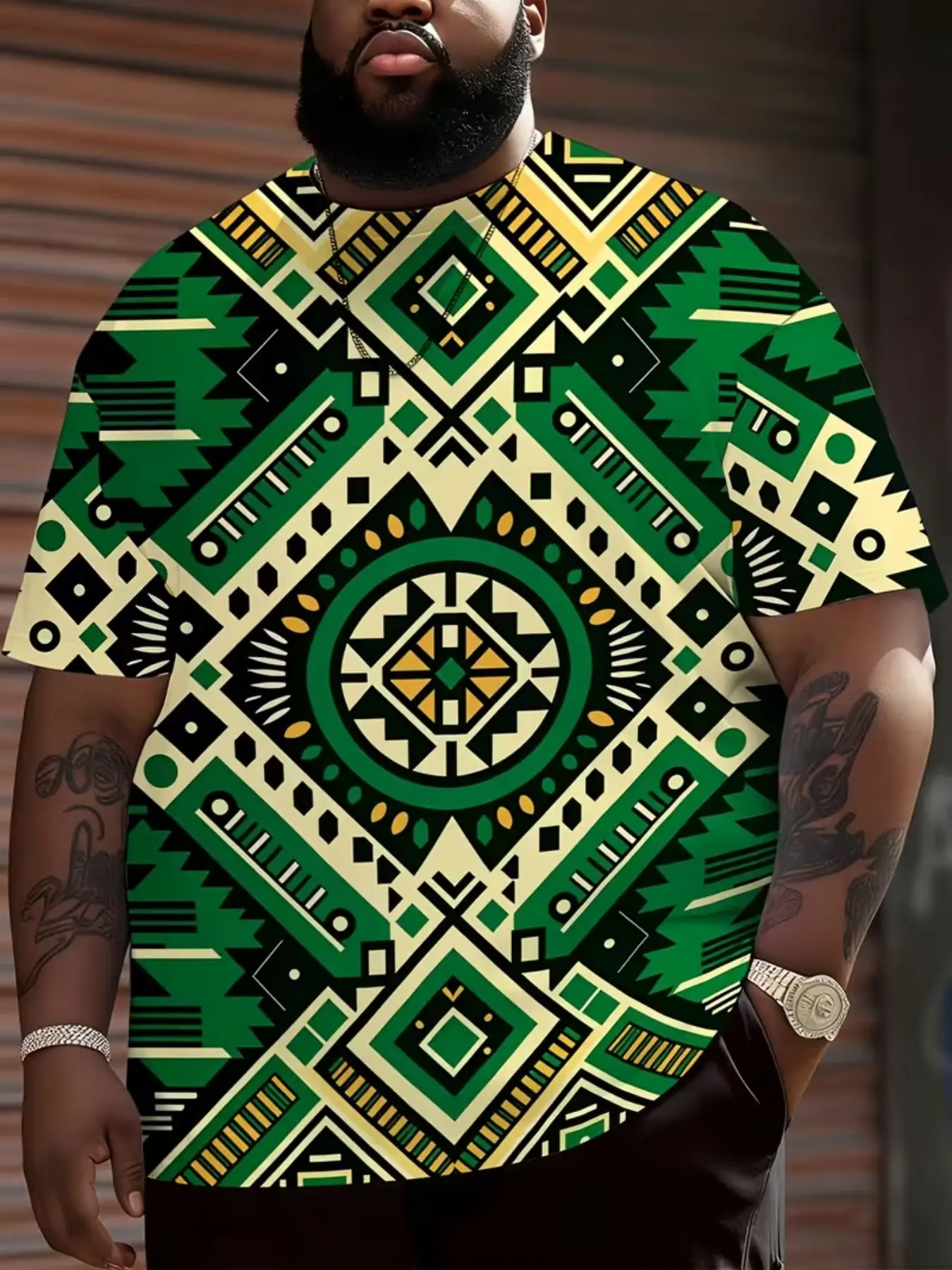 African Geometric Print T-Shirt, Men's Short Sleeve Dashiki Style Shirt, Tribal Design, Casual Clothing, Plus Size