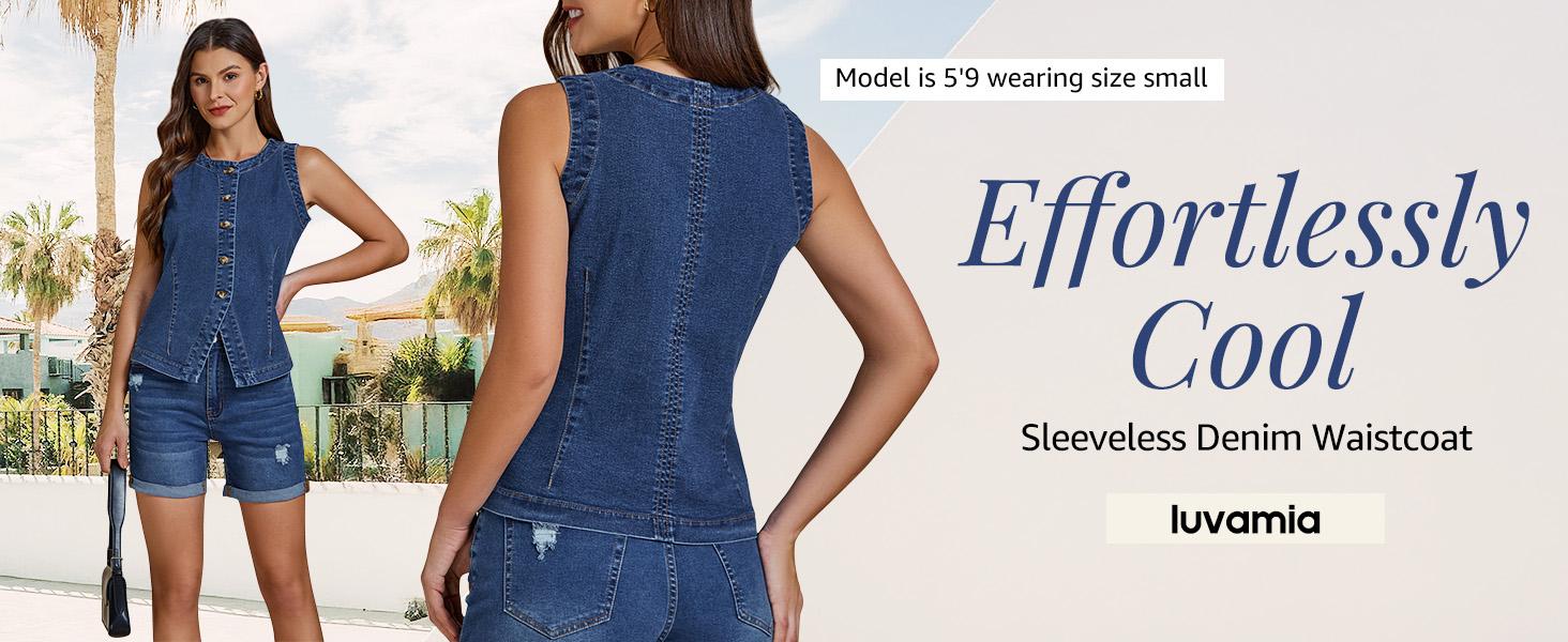 Luvamia Women's Sleeveless Denim Vest Medium Blue Fitted Crewneck Button Down Casual Summer Western Waistcoat for Everyday Style Womenswear