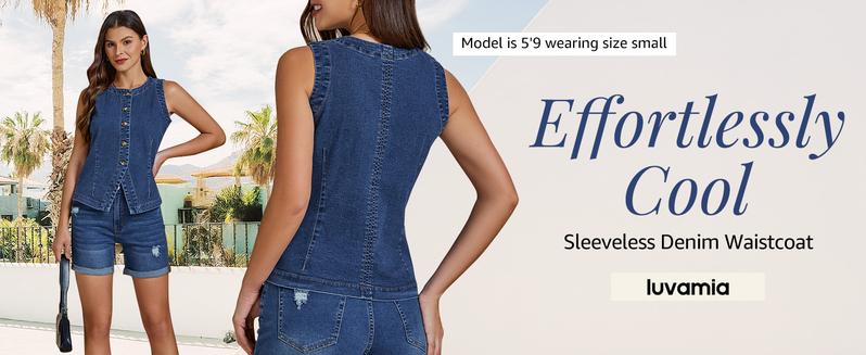 Luvamia Women's Sleeveless Denim Vest Medium Blue Fitted Crewneck Button Down Casual Summer Western Waistcoat for Everyday Style Womenswear