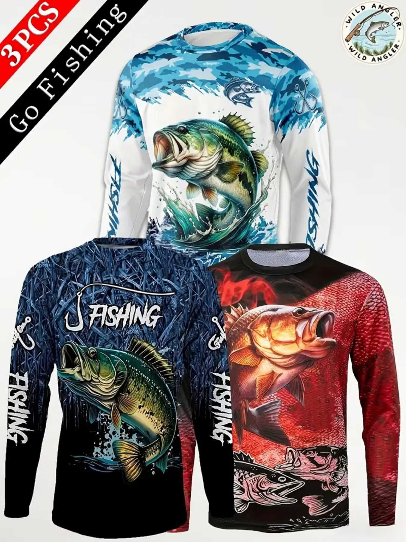 3-Pack Men's Round Neck Long Sleeve T-Shirts, Salmon Camo Print, Outdoor Fishing, Casual Multi-Color Set, Sporty Loose Fit