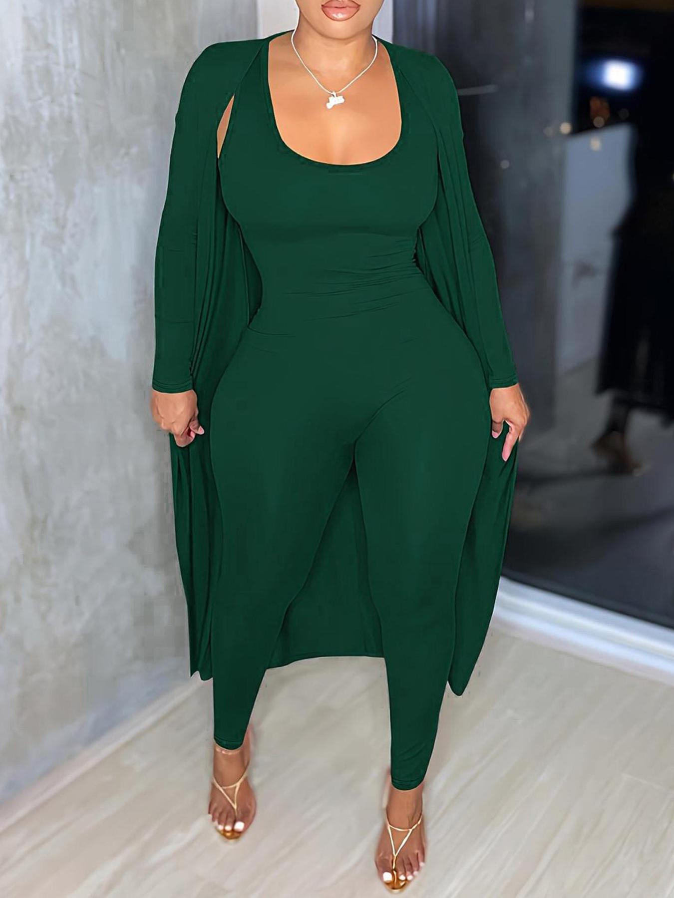 【Plus Size】 Two-piece Matching Set Solid Scoop Neck Jumpsuit & Long Sleeve Open Front Outwear, Casual Fashion Cozy Outfits for Daily Outdoor Wear, Women's Clothing for All Seasons, Two Piece Set Women, Co-ord Sets, Womenswear