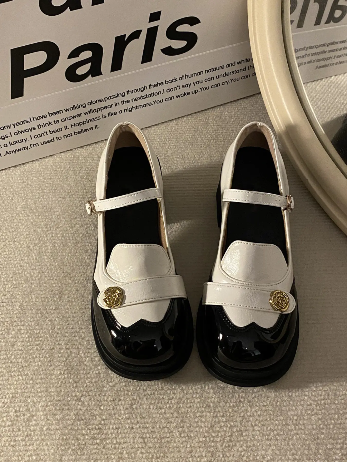 Women's Round Toe Single Strap Thick Sole Shoes, Small Charming Style, Camellia Flower Decorative Buckle, Height-Boosting Vintage Mary Jane Shoes