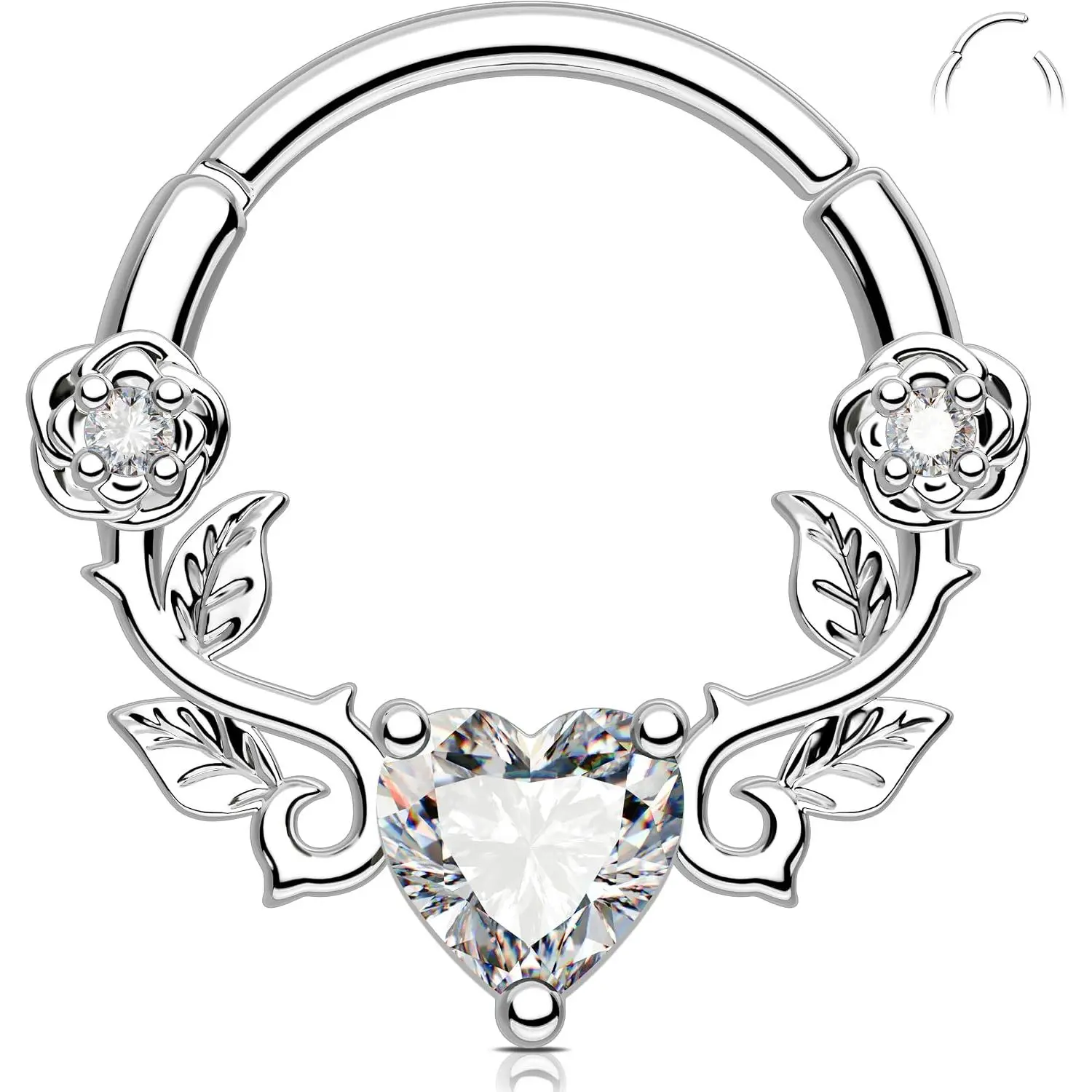 Heart Septum Ring 16G, Rose Daith  , 316L Stainless Steel Vine Septum Jewellery Clear CZ Helix Cartilage Earring for Women 8/10 mm