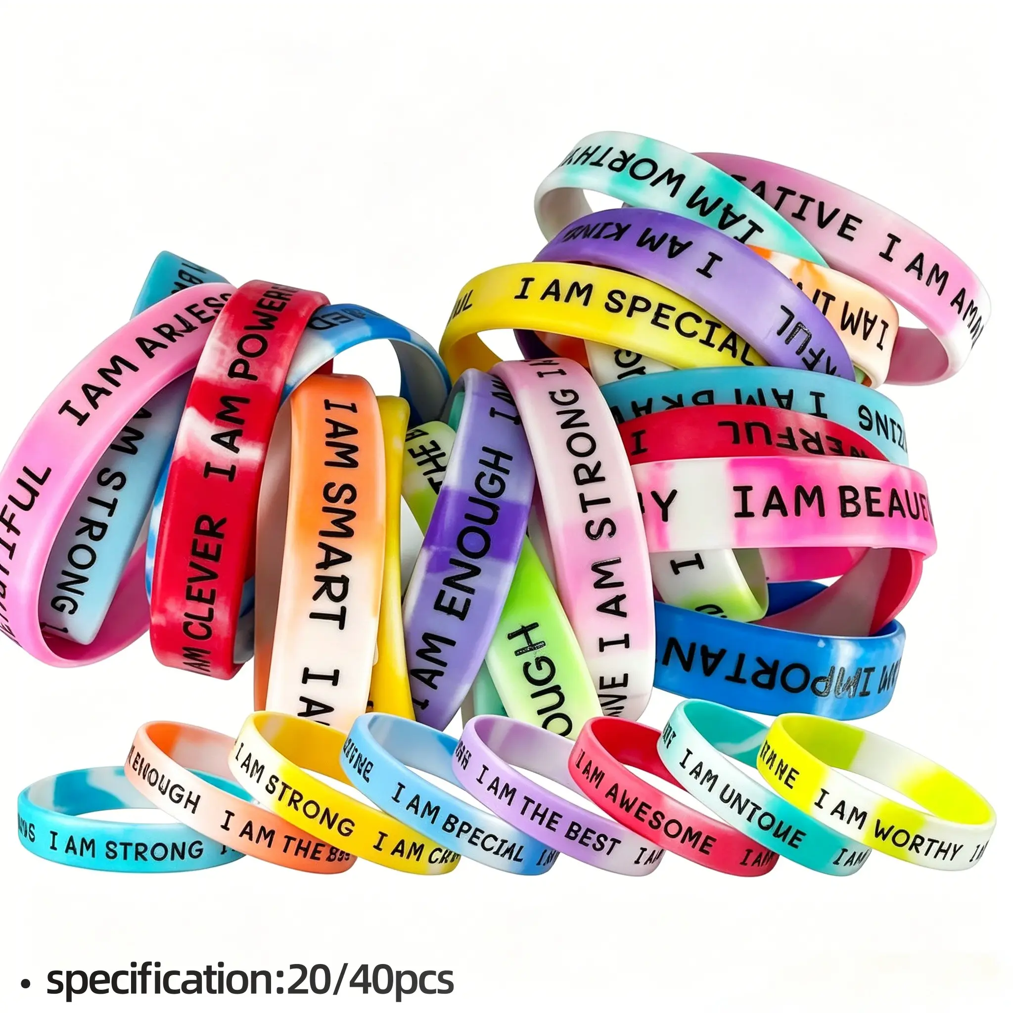 Gradient Tie Dye Motivational Silicone Wristbands 20/40 Pack, Positive Affirmation Inspirational Rubber Bracelet Bundle, Graduation & Classroom Gifts