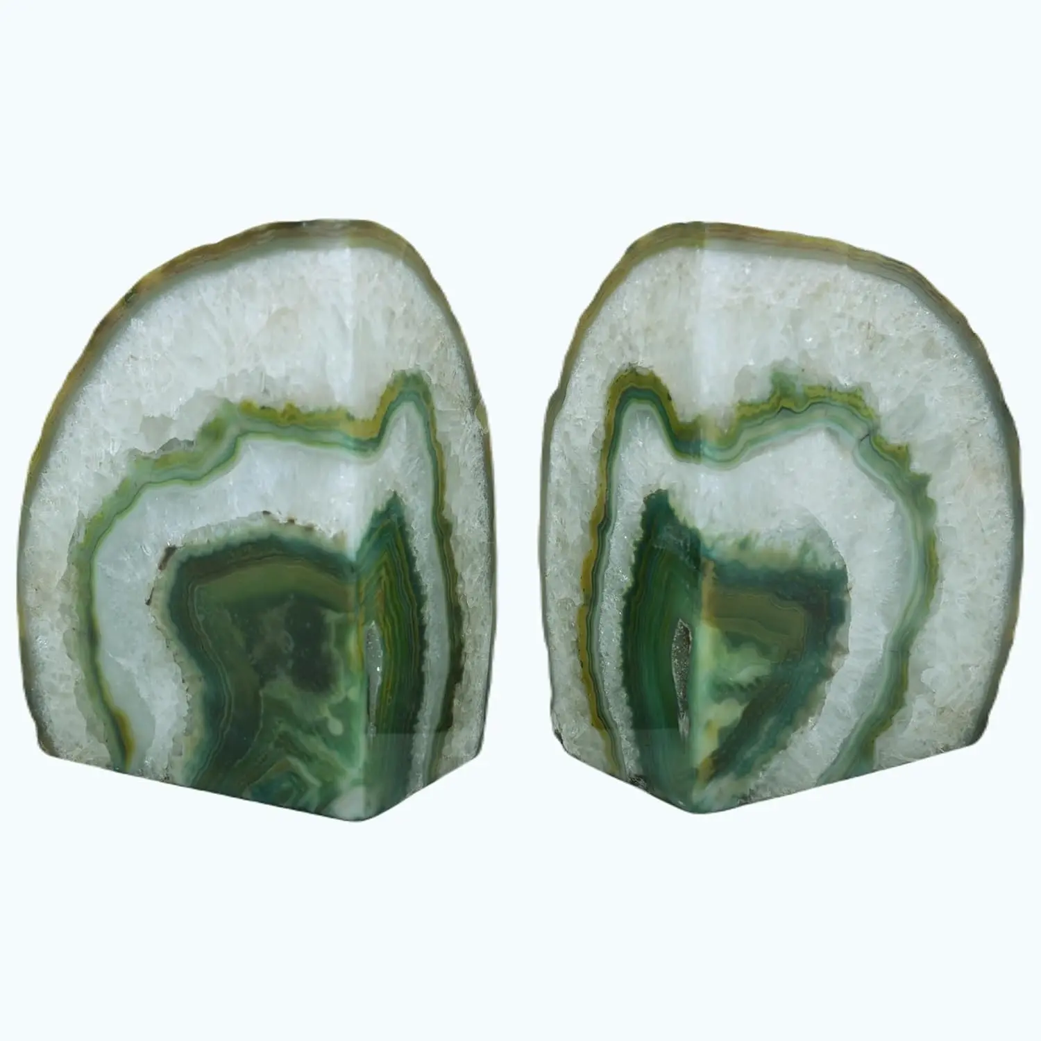 Boho Chic Aesthetic Agate Bookends Pair Set - 3-4lb Quality Green Geode Stone with Non-Skid Rubber Bumpers for Home/Office Shelves, Heavy Duty Unique Decor