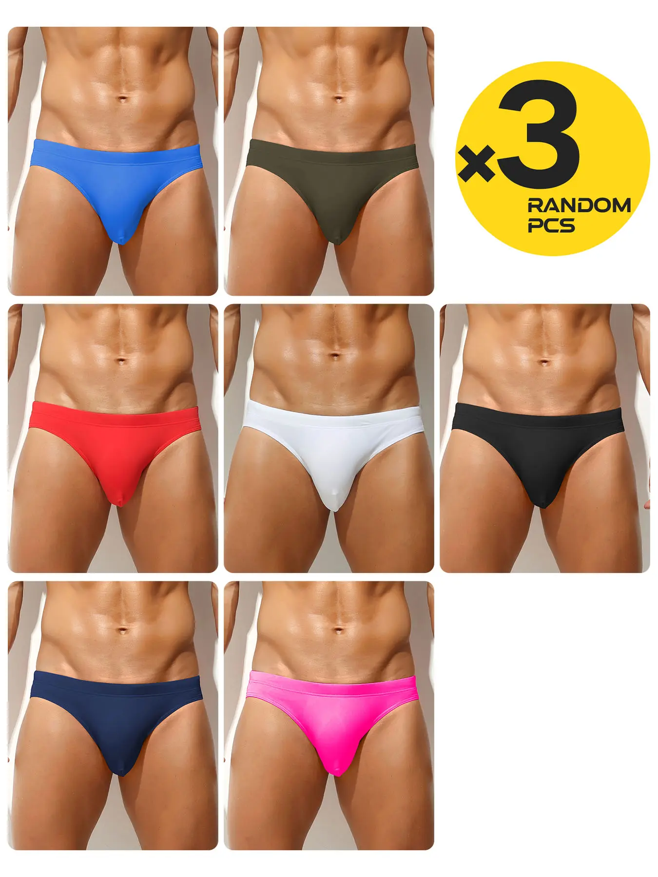 3 Pack Random Solid Color Men's Swim Briefs, Quick Dry Adjustable Side Drawstring Contour Pouch Swim Trunks, Stretch Swim Bottoms For Swimming Pool Surfing Beach Vacation Water Sports