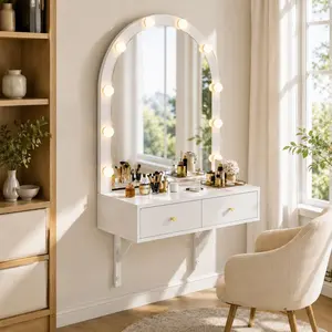 ARCH Modern Illuminated Color-Tuned Vanity Desk with Lights, Wall-Mounted Floating Design, Mirror, 3-Color Lighting, Power Outlet, Large Storage, Compact White Space-Saving Indoor Furniture for Bedroom, Bathroom